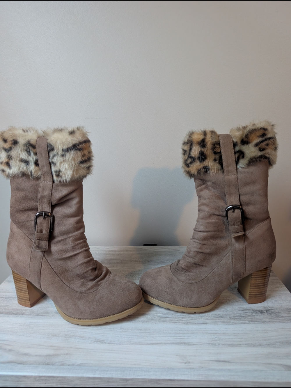 Taupe Faux Suede Mid-Calf Heeled Boots with Leopard Faux Fur Cuff